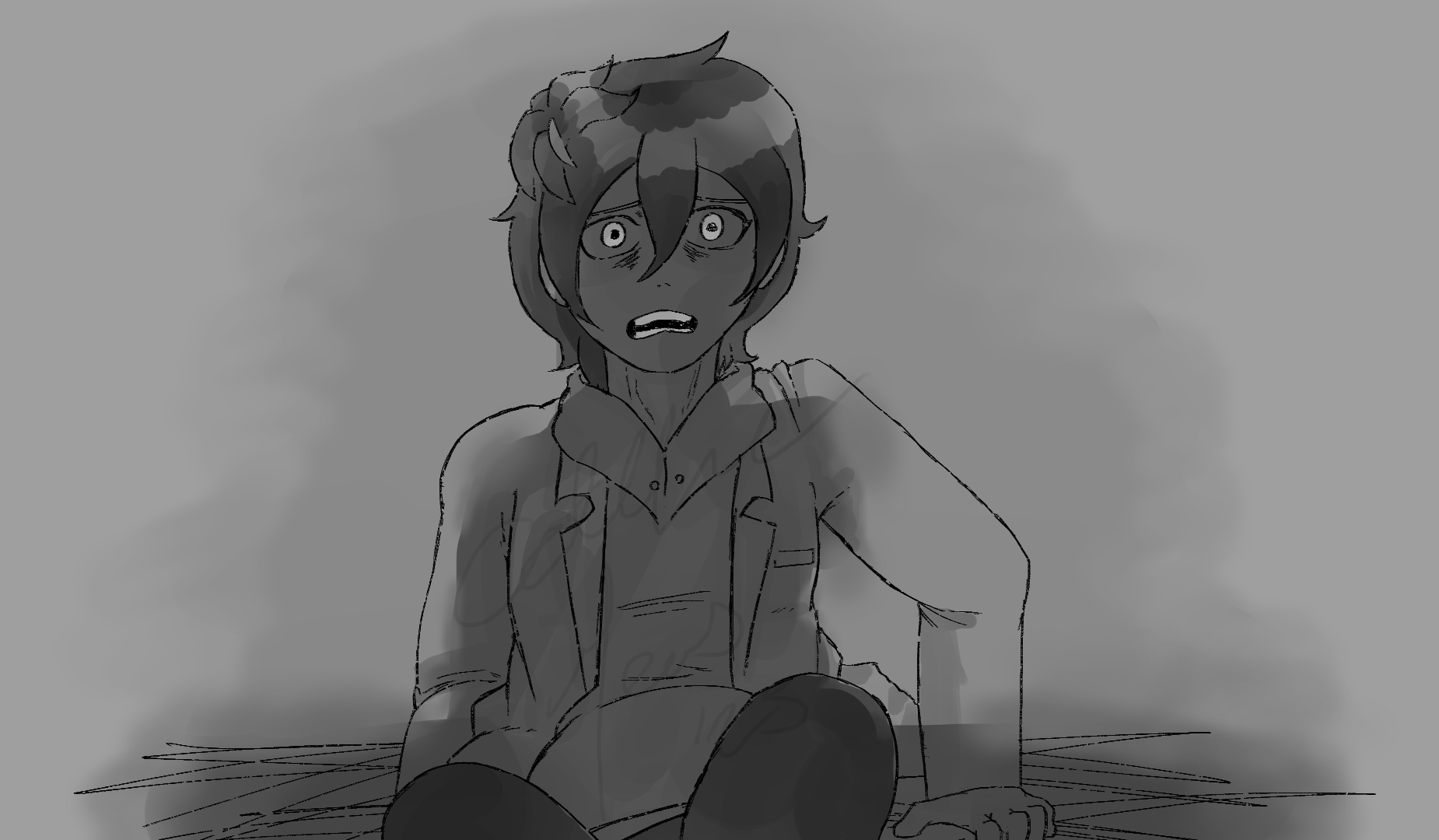 Cathal 0.5 - Similar looking to Cathal, but with short hair and a lab coat - looking afraid while sitting on the ground.