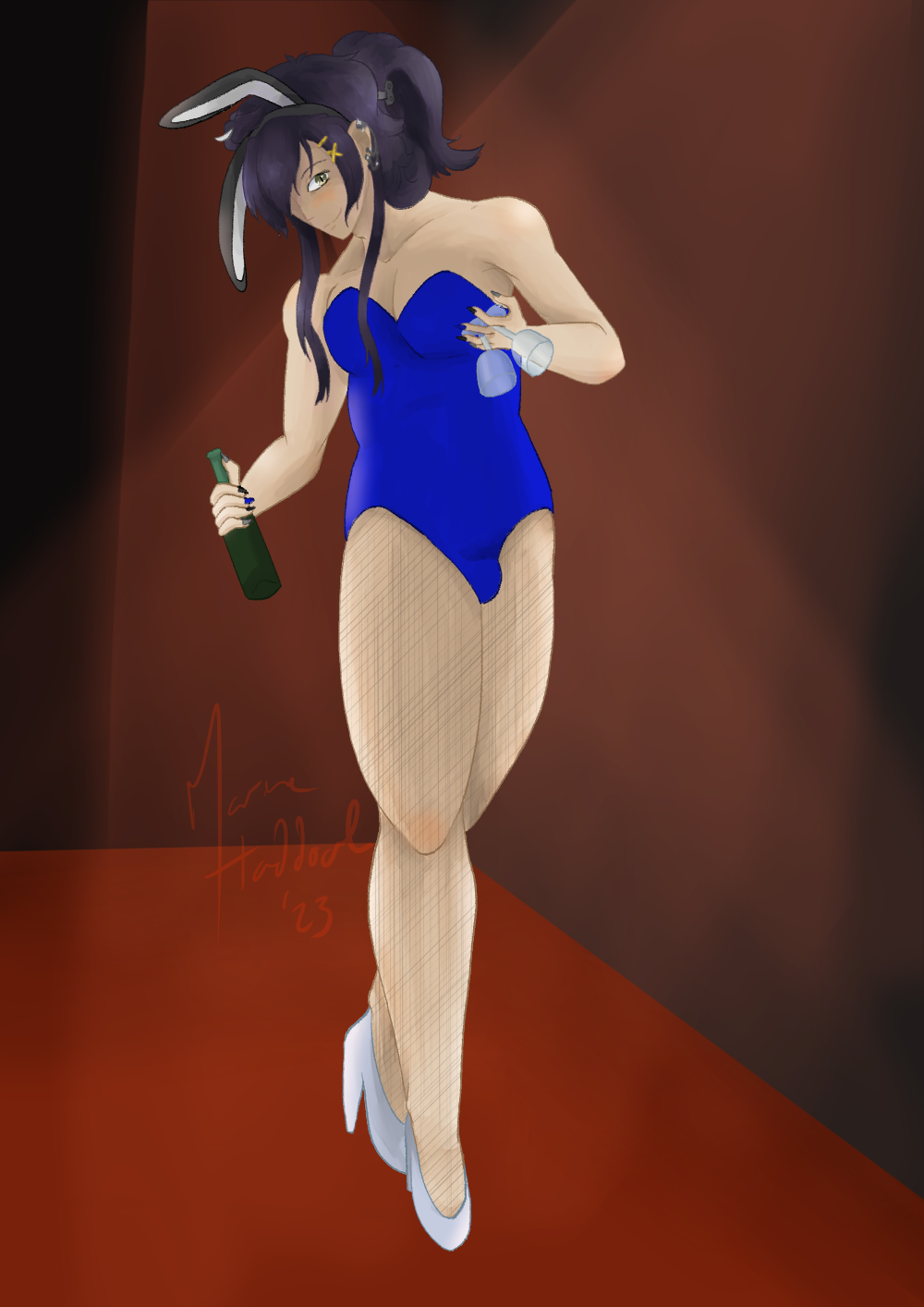 Cathal in a blue 'bunny suit' with fishnet stockings and glass heels. He's wearing black bunny ears and has his hair tied up. He's carrying a bottle of wine and two wine glasses.