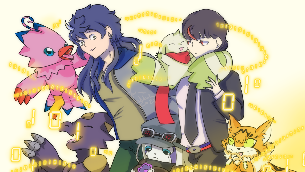 Cathal and Ren with Terriermon, Biyomon, monodramon, offmon and Meicoomon.