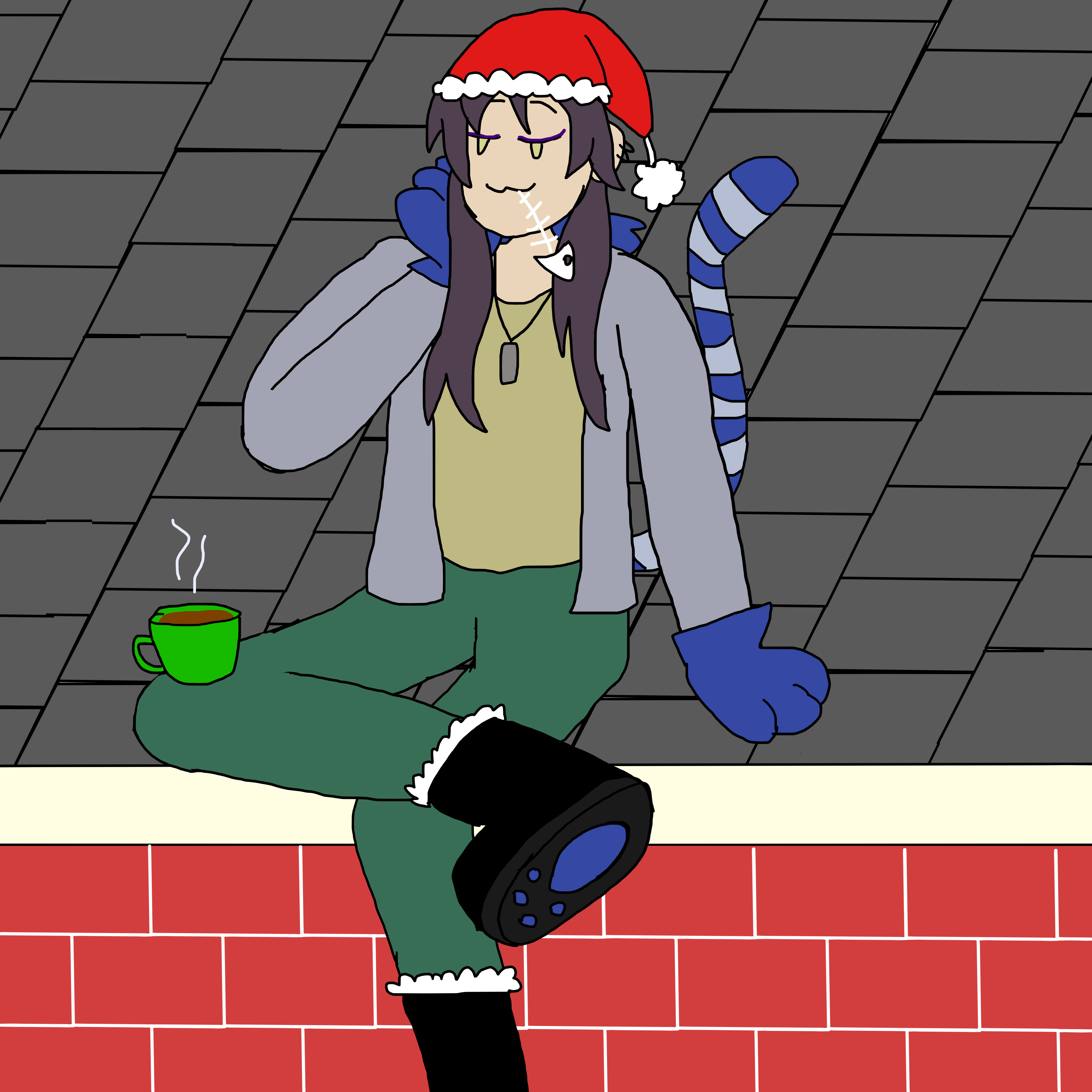 Cathal sitting on a roof top with a santa had on, a cup of tea balancing on his leg and a fish skeleton in his mouth. He has a tiger tail.