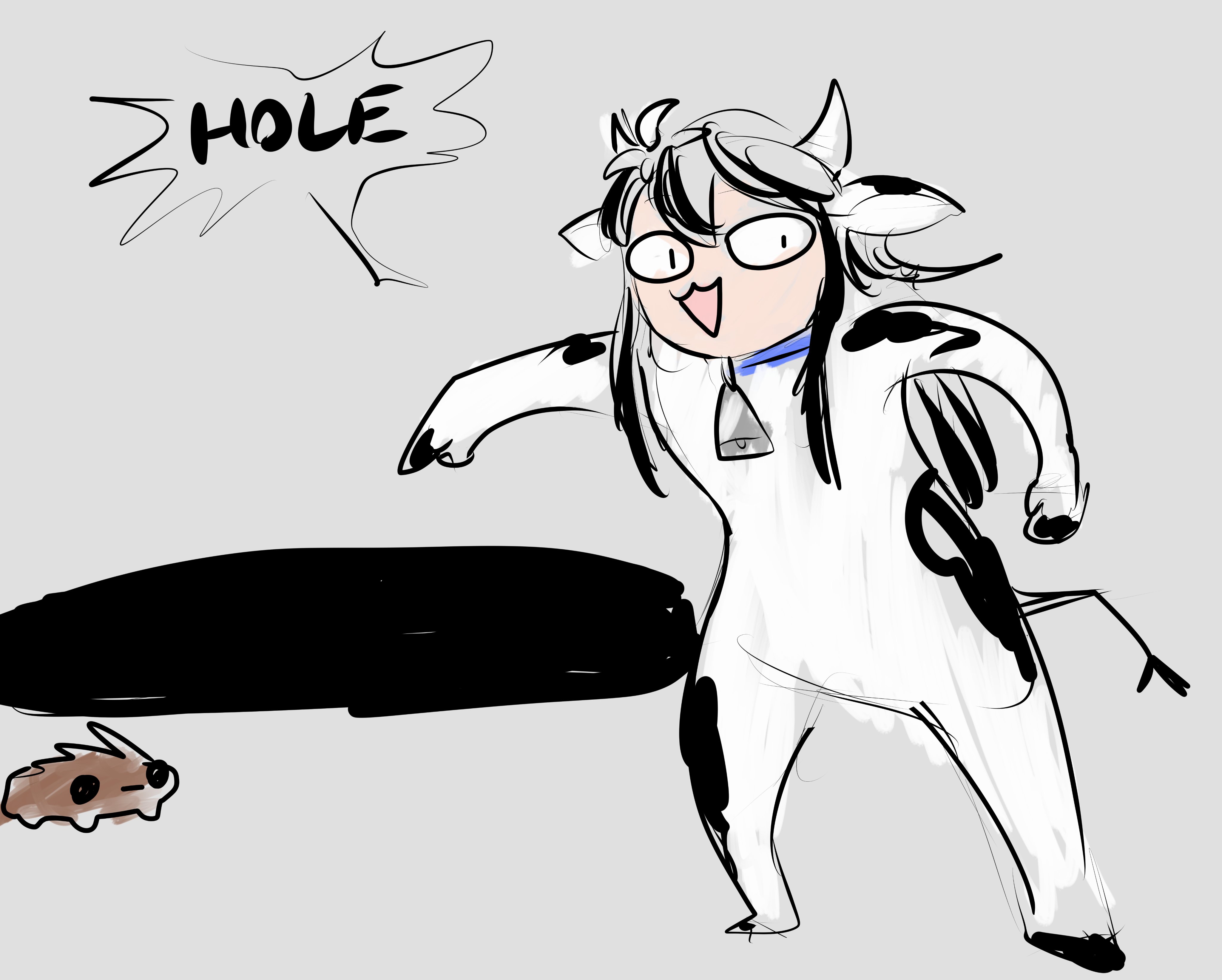 Scribbly art of Cathal dressed as a cow and pointing at a hole saying Hole!