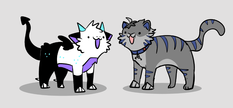 Riluo and Cathal as a grey and blue tabby cat. They're looking at each other and meowing.